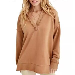 Aerie Collared Oversized Crewneck Tan V-Neck Sweater